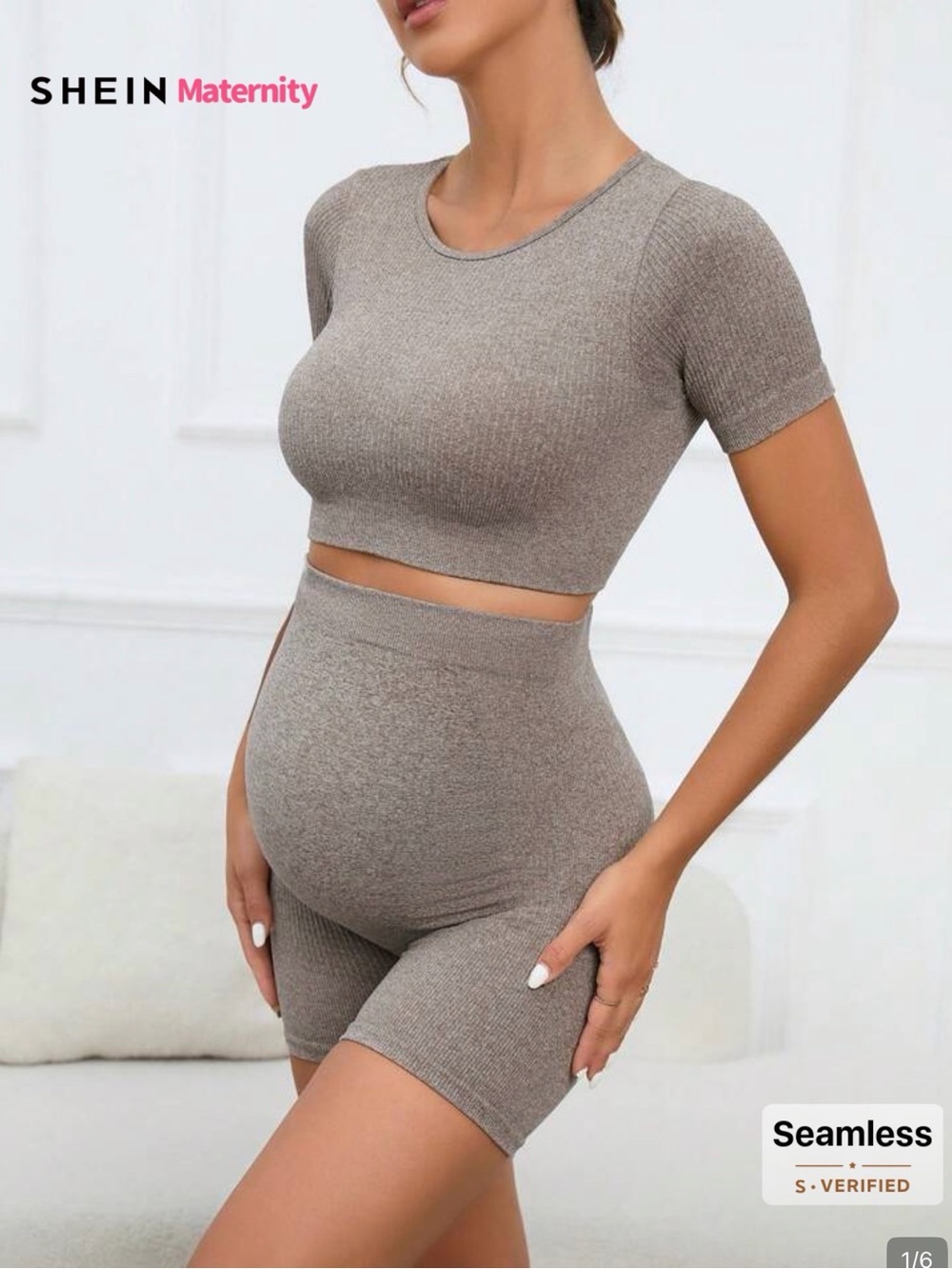 SHEIN Taupe Ribbed Short Sleeve Crop Top